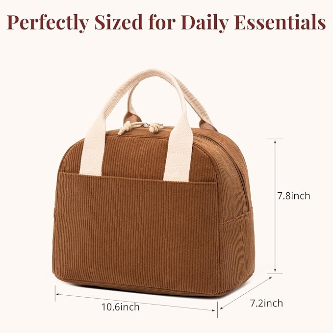 Insulated Brown Sugar Lunch Bag for Women, Stylish Corduroy Tote with Aluminum Lining, Large Capacity Reusable Cooler for Work, Travel, or Beach, Beige Cream Water-Resistant Lunch Box