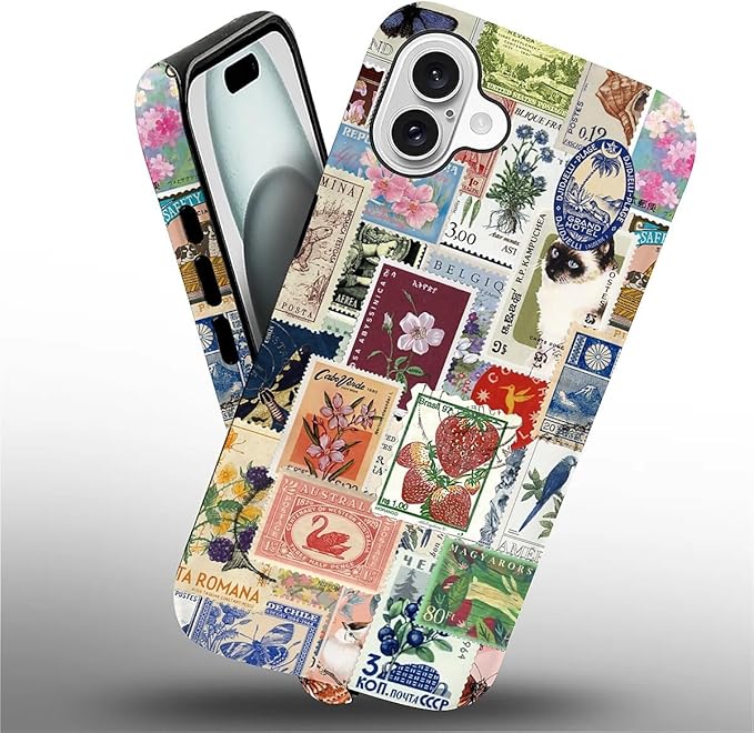 Case for iPhone 16,Vintage Stamp Collage for Woman Men Full Body Protective Cover Shockproof 2 in 1 Silicone + Hard PC Case for iPhone 16