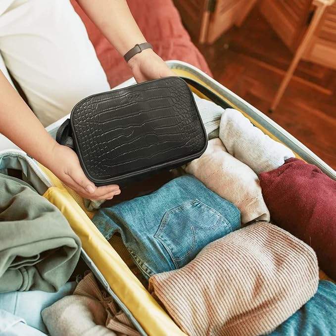 Dot&Dot Leather Toiletry Bag for Men Women - Spacious Womens Mens Toiletry Travel Bag, Large Travel Toiletries Bags (Black Croc, Large)