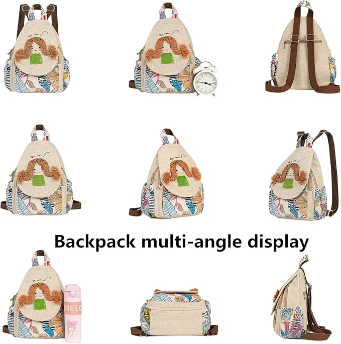 HUANGGUOSHU Women Cotton Woven Bohemian Hemp Boho Canvas Embroidery Multi Pocket Retro Cute Backpack Wallet Backpack Little girl and dog watch the sea