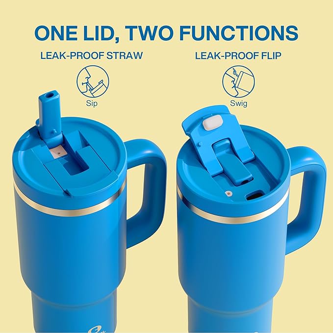 32 oz Tumbler with Handle and Straw: Stainless Steel Insulated Tumbler Keeps Cold for 24 Hours, Leakproof Travel Cup Fits in Cup Holder and BPA-Free, Celtic Blue