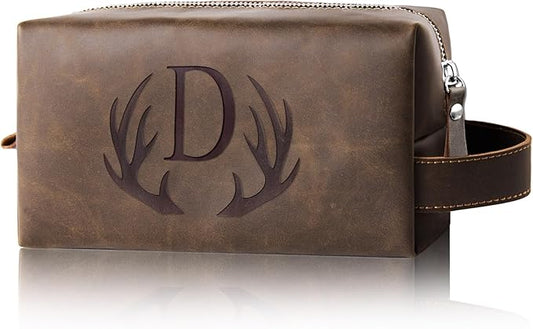 Personalized Travel Toiletry Bag for Men Initial Letter PU Leather Waterproof Shaving Bag for Toiletries Accessories Travel Essentials Storage Bags Fathers Day Birthday Gifts for Men (D)