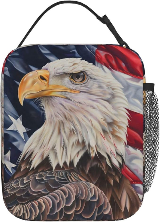 Patriotic Eagle Lunch Box for Women Men, Insulated Cooler Majestic Bald Eagle & Flag Lunch Bag for School, Picnic, Office, Travel, Work, Portable Reusable Polyester Thermal Tote Lunch Bags