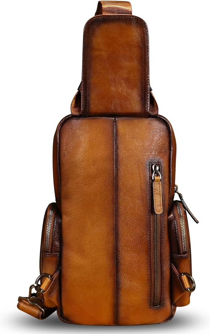 IVTG Genuine Leather Sling Bag Crossbody Casual Hiking Daypack Vintage Handmade Chest Bag Shoulder Backpack Motorcycle Pack (Brown)