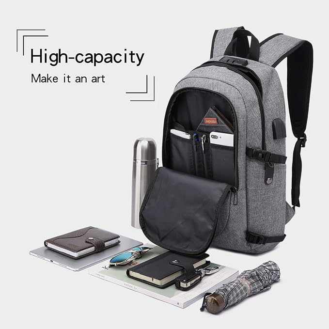 Laptop Backpack,Business Travel Anti Theft Backpack for Men Women with USB Charging Port,Slim Durable Water Resistant Computer Backpack Fits 15.6 Inch Laptop Notebook,Grey