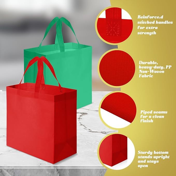 Reginary Reusable Totes Bags - 100 Pcs Non Woven Grocery Handle Bags for Shop Events & Retail Store (Red, Green)