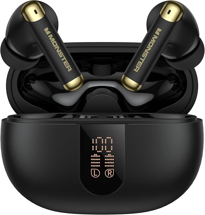 Monster N-Lite 211 Wireless Earbuds， Bluetooth 6.0 Stereo Headphones with Noise-Cancelling Mic and LED Display, Built-in Mic for Clear Calls, Waterproof Design for Sports