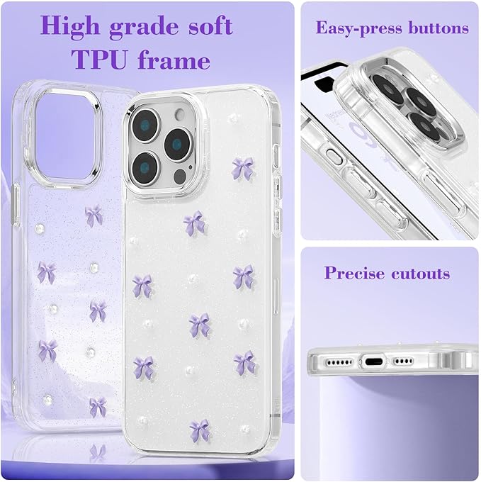 EYZUTAK Case for iPhone 14 Pro Max, Bling Glitter 3D Bowknot Phone Case Cute Sparkly Crystal Clear Bow Aesthetic Case Slim Soft Durable TPU Transparent Protective Cover for Women Girl-Purple Bow