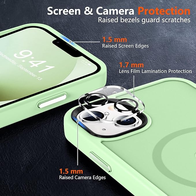 MOCCA Strong Magnetic for iPhone 13 Case, [Compatible with Magsafe][Screen Protector+Camera Lens Protector] Translucent Matte Back Slim Shockproof Case for iPhone 13 Phone Case 6.1", Light Green