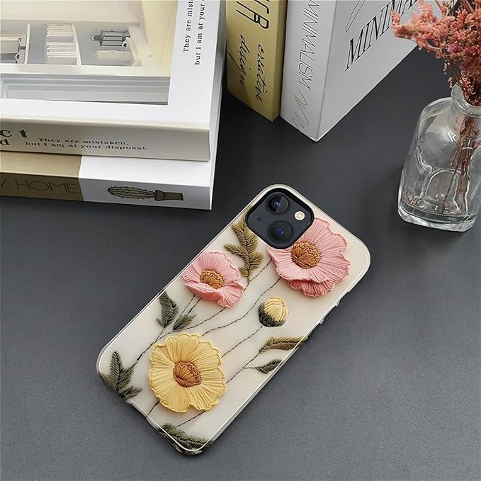 Case for iPhone 15 Case,Faux Embroidery Boho Floral Design - Hybrid Dual Protection Silicone + Hard PC Shockproof Full Body Cover Slim Anti-Scratch Protective Case for Men Women