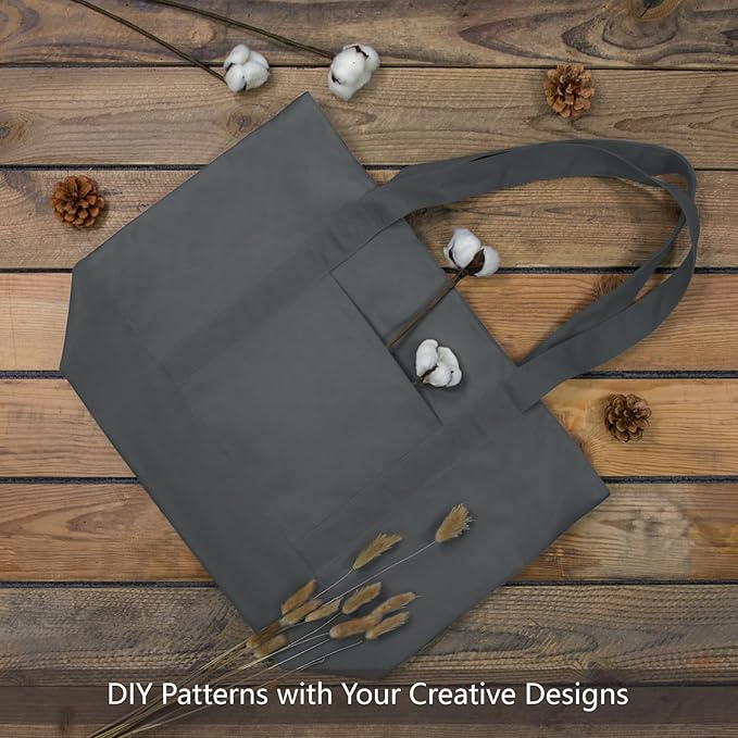 TOPDesign 6-Pack Canvas Tote Bags with an External Pocket, Reusable Grocery Shopping Bags, Top Zipper Closure, Daily Essentials (Grey)