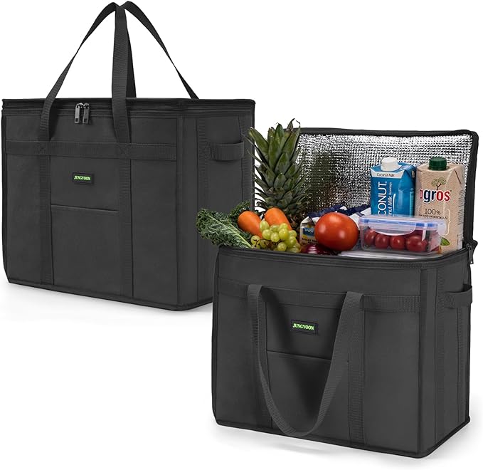 JUNGYOON 2-Pack Heavy-Duty Insulated Grocery Bags & Picnic Basket – Collapsible Cooler Bag with Zippered Top | Reusable Shopping Bags for Groceries, Picnics, Easy Storage(XL Black)