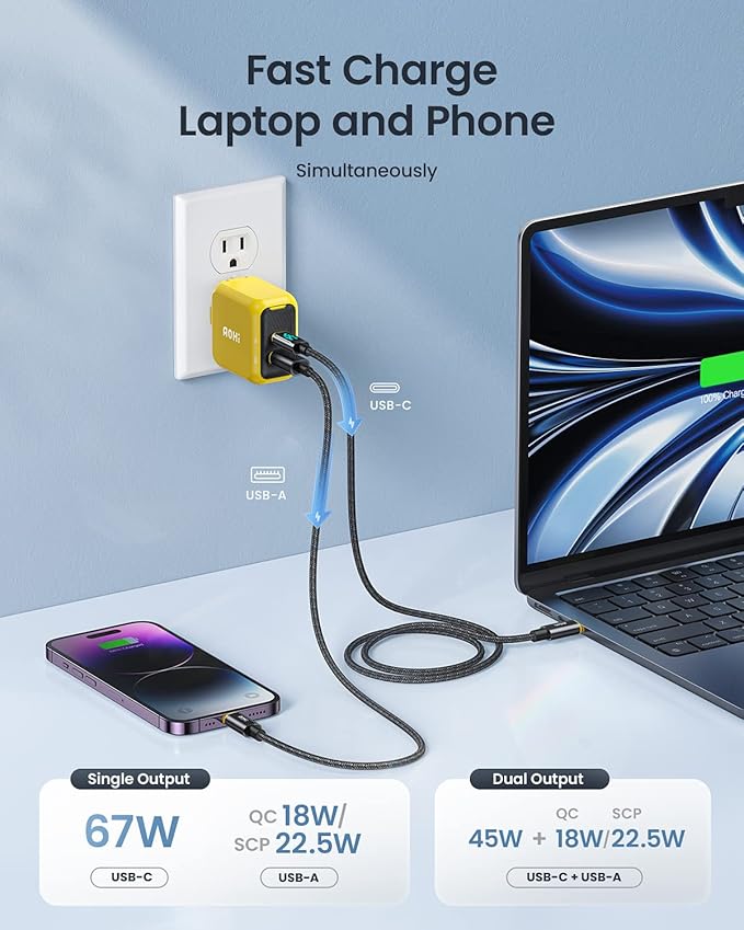 USB C Charger, AOHI 67W GaN+ PD Fast Charger Block for MacBook Pro/Air,iPad Pro,Galaxy S22/S21, iPhone 15 Pro Max/14 Plus/13/12 (Amber)