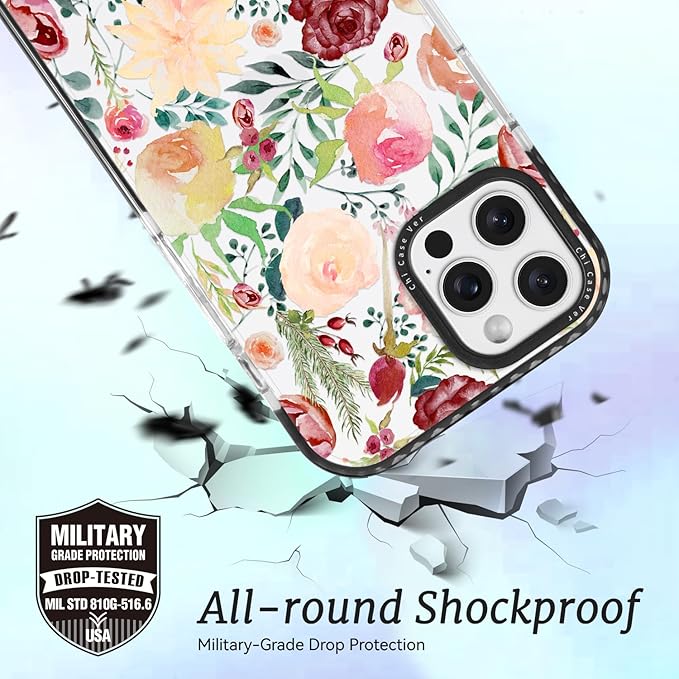 for iPhone 15 Pro Max Case, Watercolor Rose Garden Pattern, Military-Grade Drop Protection, Cute Soft Slim TPU Protective Cover with Camera Lens Protection for Women & Girls