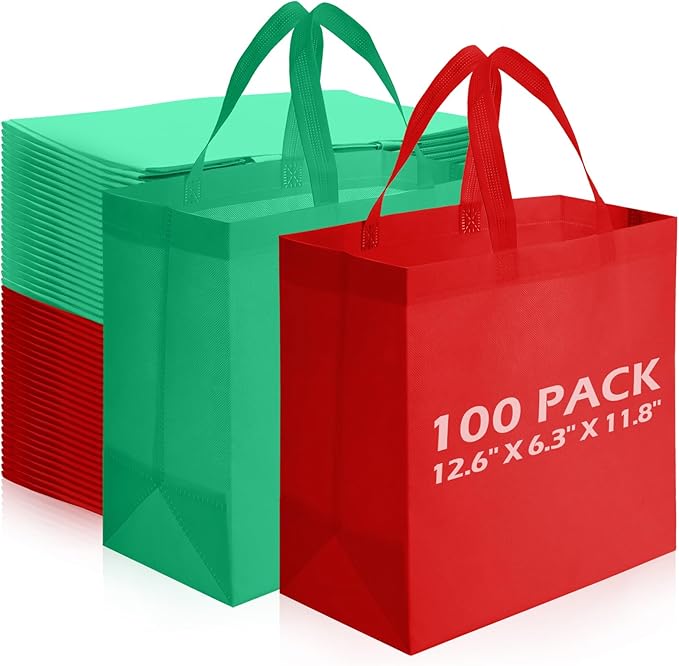 Reginary Reusable Totes Bags - 100 Pcs Non Woven Grocery Handle Bags for Shop Events & Retail Store (Red, Green)