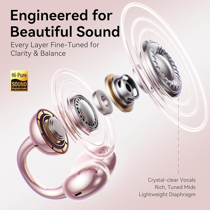 Kinglucky Jewelry-Inspired Clip-On Earbuds with Butterfly Earrings, Comfortable Fit & 50H Playtime Open Ear Bluetooth 5.4 Wireless Headphones for Women Gifts, Small Ears, Sports & Workouts (Rose Gold)