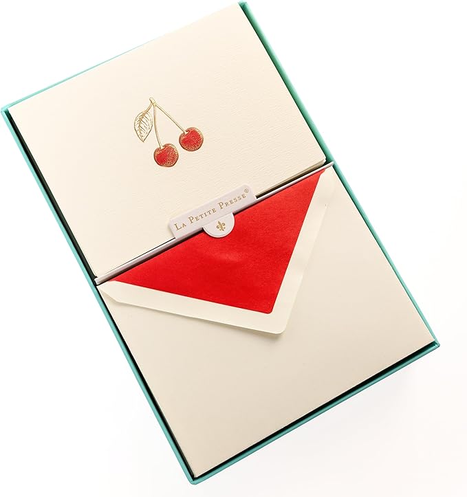 Graphique Cherries Designer Cards Luxe Collection, Gold Foil Embossed Stationary Boxed Set, 10 Blank Cards with 11 Envelopes, All Occasion Greetings, 5.25" x 3.8"