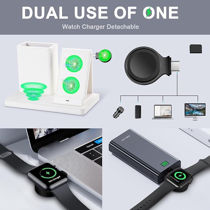 White Leather Pen Holder Desk Organizer with 3-in-1 Wireless Charger for Phone, Earbuds, Watch - Desktop Phone Stand,birthday gifts for women,mom gifts (white)