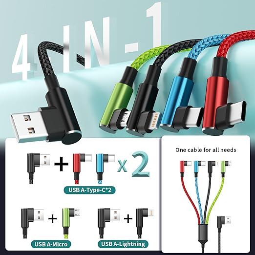 Travel Essentials 90 Degree Multi Charging Cable [2Pack 5FT], Right Angle 4 in 1 Charging Cable, USB Cable Charging Cords with IP/Type C/Type C/Micro Port, Compatible with Most Cell Phones and More