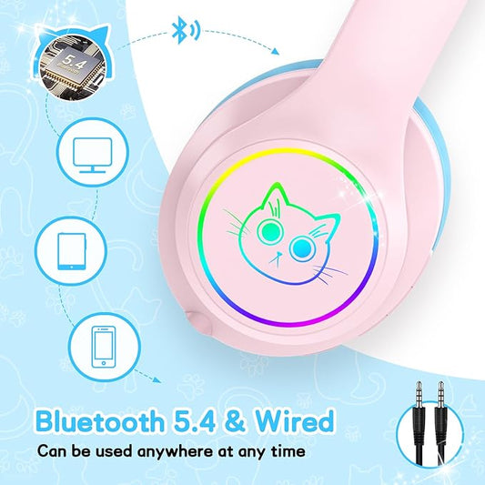 LOBKIN Kids Bluetooth Headphones,Over Ear Kids Headphones Wireless with Mic 50H Playtime Colorful LED Lights AUX Cord 94dB Safe Volume Limited Foldable Design for Boy Girl Travel/School/iPad