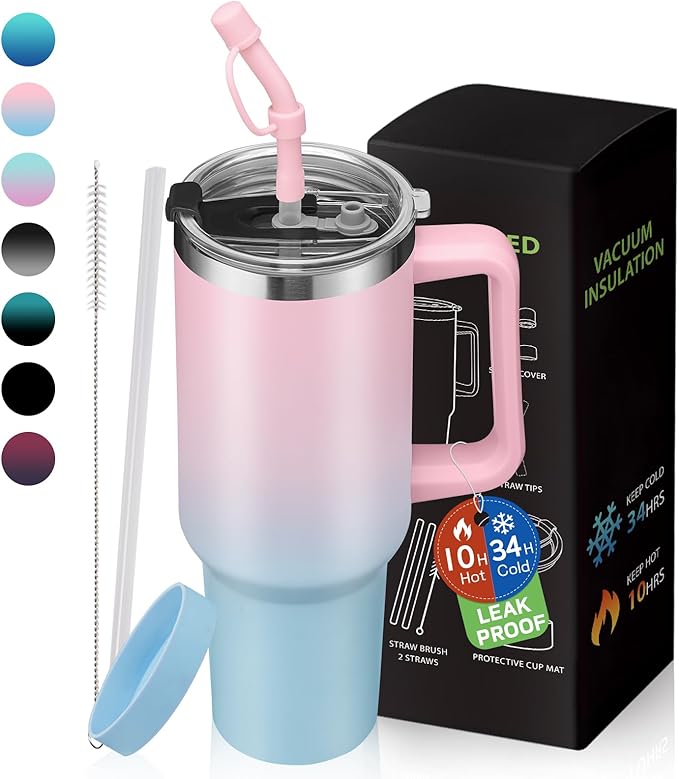 BENZZO Insulated Water Bottle Stainless Steel 40 oz Tumbler with Handle and Straw Lid Travel Mugs Cups