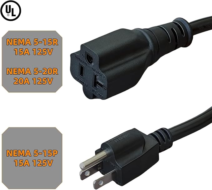 6-Feet 15 Amp Household AC Plug to 20 Amp T Blade Adapter Cable，14AWG 6-Foot 15 Amp to 20 Amp Plug Adapter Cord Nema 5-15P to 5-15R/5-20R 20Amp Comb AC Power Cord, Black