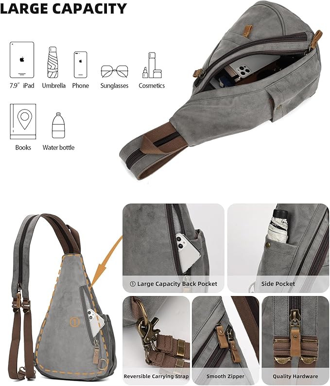KL928 PU Leather Sling Bag - Small Crossbody Backpack Shoulder Casual Daypack Rucksack for Men Women Outdoor Cycling Hiking Travel (6881-PU-D.Grey)