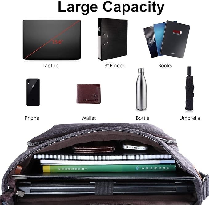 ESTARER Computer Messenger Bag 15-15.6 inch, Water-resistant Canvas Work Bag Briefcase, Laptop ShoulderSatchel with Buckles, Grey