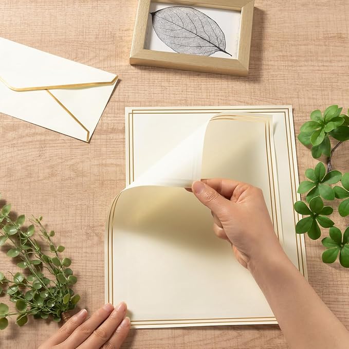 50 Pack Stationery Set with Gold Border, #10 Business Envelopes and 8.5x11 Paper Sheets and Stickers for Writing Letters (Cream Color, 8.5x11 Inches)