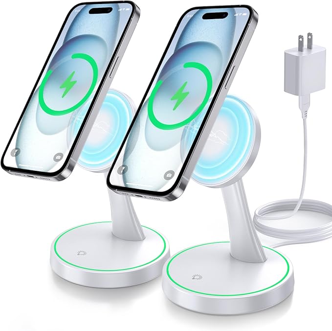 2 Pack Magnetic Wireless Charger Stand 15W Fast Mag-Safe Charger for iPhone iPhone 17/17 pro/ 17 Air/ 17 pro max 16/15/14/13/12 Series Magnet Wireless Charging Station with Light for AirPods