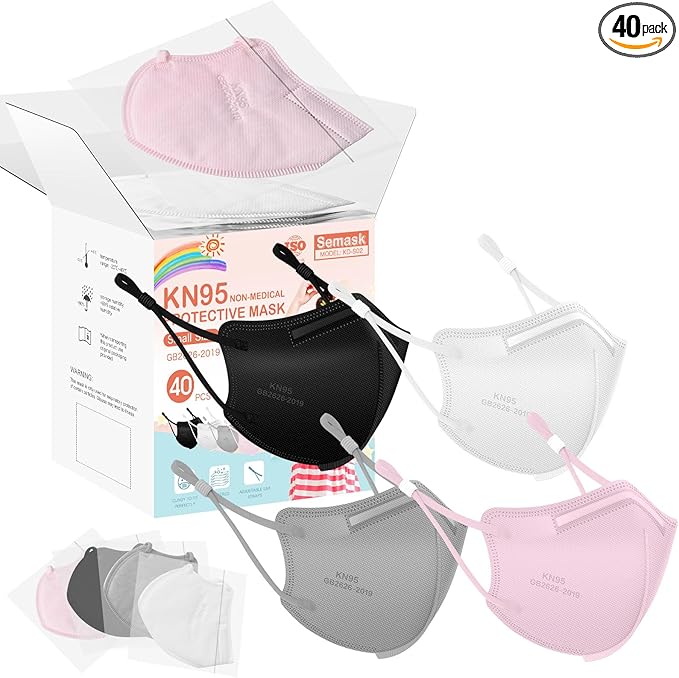 Kids KN95 Adjustable Masks 40 Pack, Individually Wrapped Disposable Respirator with Adjustable Ear Loops, Multicolor
