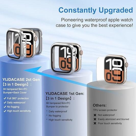 3 in 1 Waterproof Case for Apple Watch Screen Protector 41mm Series 9 8 7 Accessories Built-in Tempered Glass Film,Front and Back PC Hard Bumper 360° Protective Face Cover for iWatch 41mm