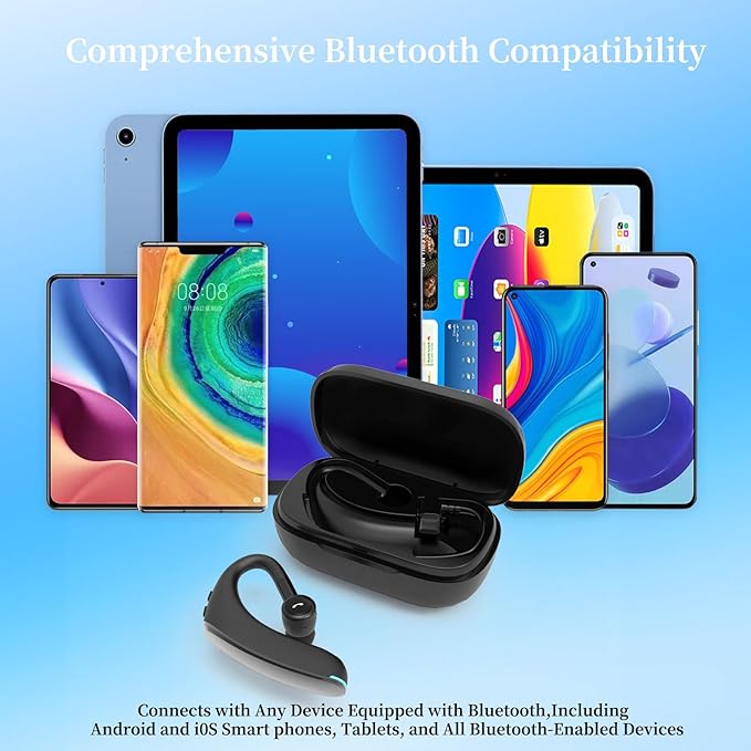 Bluetooth Headset, Wireless Bluetooth Earpiece, Hands Free Noise Canceling Headphones with Dual-Mic, 1000 mAh Charging Case, 18-Hour Talk Time, iOS & Android Compatible, for Truckers & Office Use