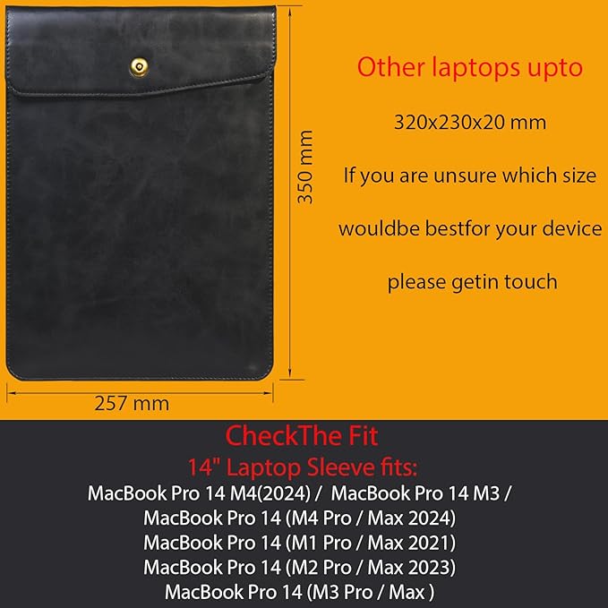 Genuine Leather Laptop Sleeve Compatible with MacBook Pro 14 Inch M4 M3 M2 Pro/Max 2023 & M1 Case,Slim and Durable Waterproof Vertical Laptops Bag for 14 Inch Notebook Computer Cover,Black