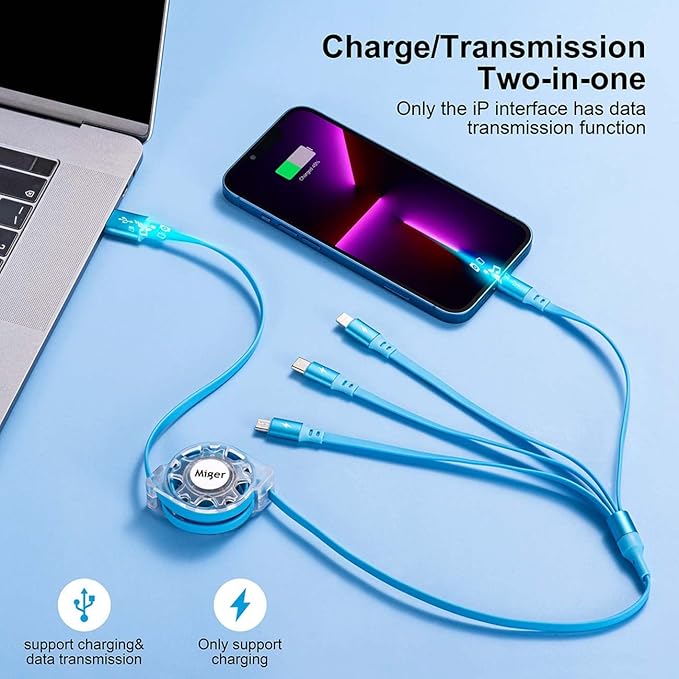 Multi Charging Cable 4A,Retractable Charger Cable [2Pack 4Ft] Multi Charging Cord 4 in 1 Fast Charger Cord with Lightning/Type C/Micro USB Port for Cell Phones,iPhone,iPad,Samsung Galaxy,PS,Tablets