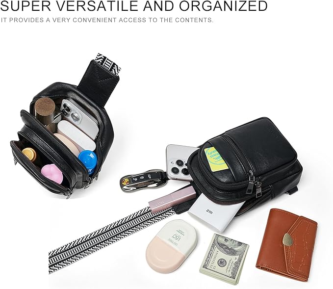 3L SMALL Sling Bag Fanny Packs For Women Men Mini Crossbody Chest Belt Travel Bag Purse Handbag Faux Leather Fashion Cute Black