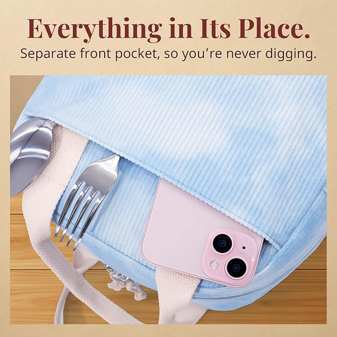 Insulated Sky Blue Lunch Bag for Women, Stylish Corduroy Tote with Aluminum Lining, Large Capacity Reusable Cooler for Work, Travel, or Beach, Beige Cream Water-Resistant Lunch Box