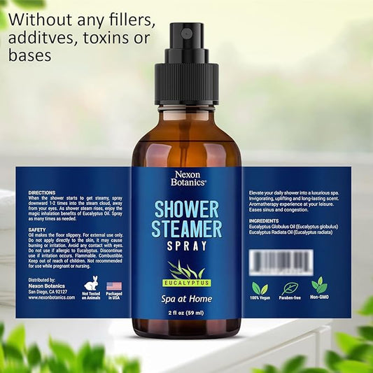 Eucalyptus Shower Spray 2 fl oz – Aromatherapy Shower Mist with Essential Oils – Eucalyptus Steam Spray for Sauna, Spa, Bathroom & Room – Nexon Botanics