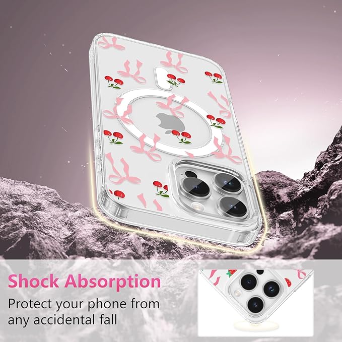 ZTOFERA for iPhone 15 Pro Max Magnetic Case Clear,Cute Love Heart Ribbon Bow Tie Aesthetic Phone Case,Transparent Trendy Slim Soft Shockproof Protective Phone Cover for Women Girls,Blush