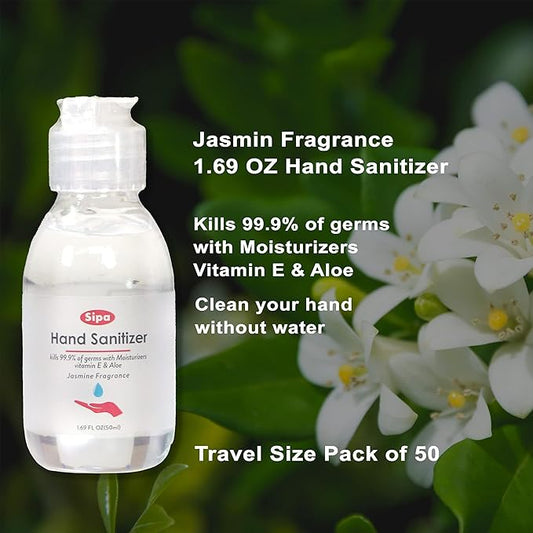 SIPA Hand Sanitizer 1.69 oz/ 50 ml, Jasmine Scent, Travel Size, Flip Cap Bottle each, Refreshing Soothing Gel with Aloe, and Vitamin E (Pack of 50)