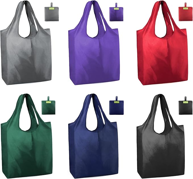 BeeGreen Colorful Reusable Grocery Bags 6 Pack, Heavy Duty Totes for Women, Foldable Grocery Bag Large Shopping Totes with Handles for Work, Travel, Gift, Store, Polyester Washable Reusable Tote Bag