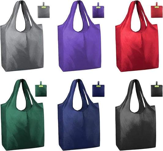 BeeGreen Colorful Reusable Grocery Bags 6 Pack, Heavy Duty Totes for Women, Foldable Grocery Bag Large Shopping Totes with Handles for Work, Travel, Gift, Store, Polyester Washable Reusable Tote Bag
