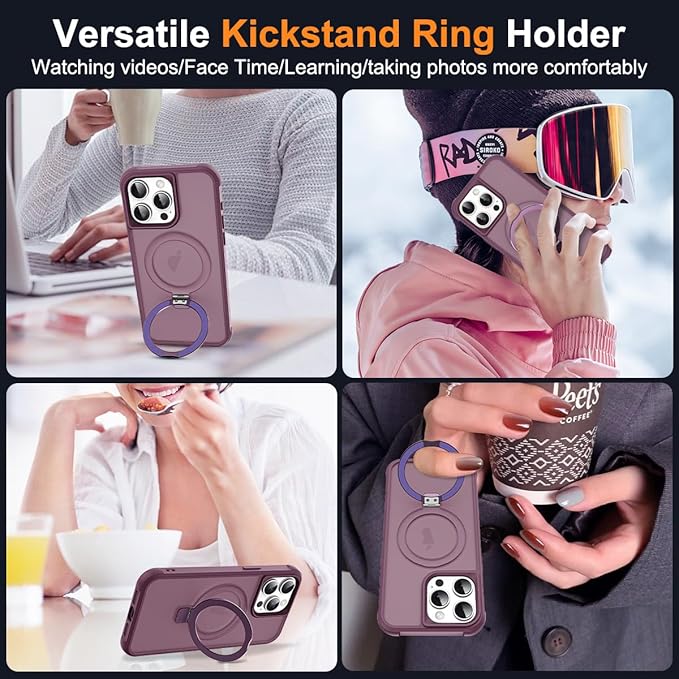 Compatible with iPhone 15 Pro Case with Invisible Magnetic O-Ring Stand Military-Grade Translucent Case for iPhone 15 Pro 6.1" [Compatible with Mag-Safe][Great Grip Feeling], Wine Red