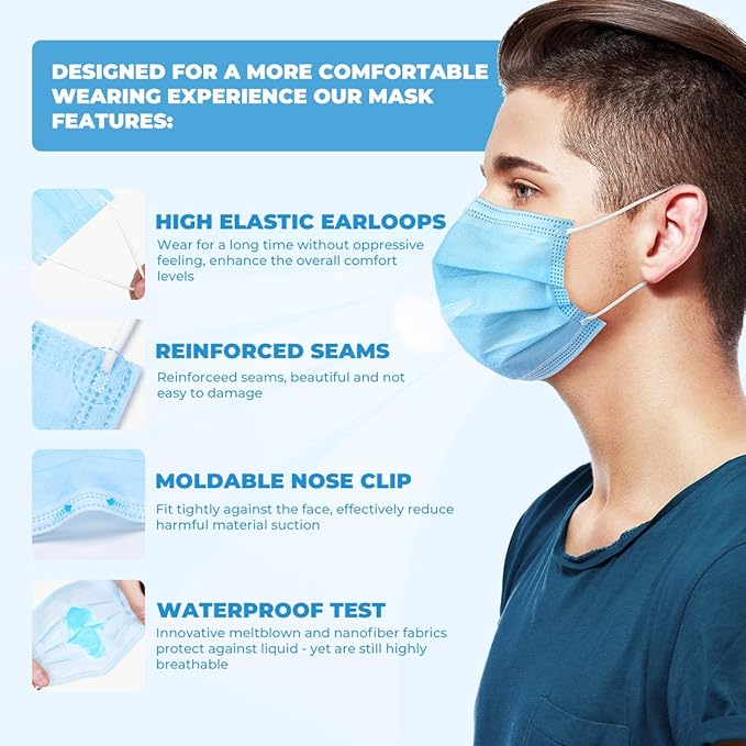 50 Pcs Disposable 3 Ply Safety Face Mask for Protection - with Nanofiber Lining Elastic Earloops, Lightweight Breathable Protective Anti-Dust Facial Masks Health School Office