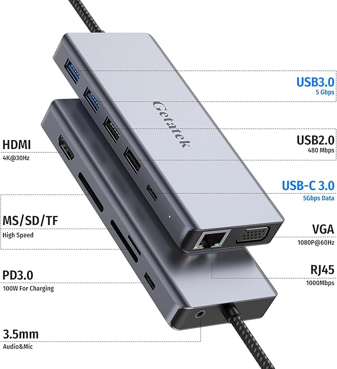 Getatek12-in-1 Docking Station with 4K HDMI,VGA,Ethernet,USB A 3.0 Data Port and USB C 5Gbps Port,100W PD Charging,SD/TF/MS Card Reader and 3.5MM Audior for MacBook, Acer, Laptops, Surface and More