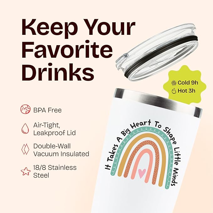 KLUBI Teacher Appreciation Gifts for Women - It Takes a Big Heart to Shape Little Minds Teacher Tumbler With Straw 20 Ounce Thank You Gifts for Women Nanny Gift Travel Mug Preschool Teacher Gift