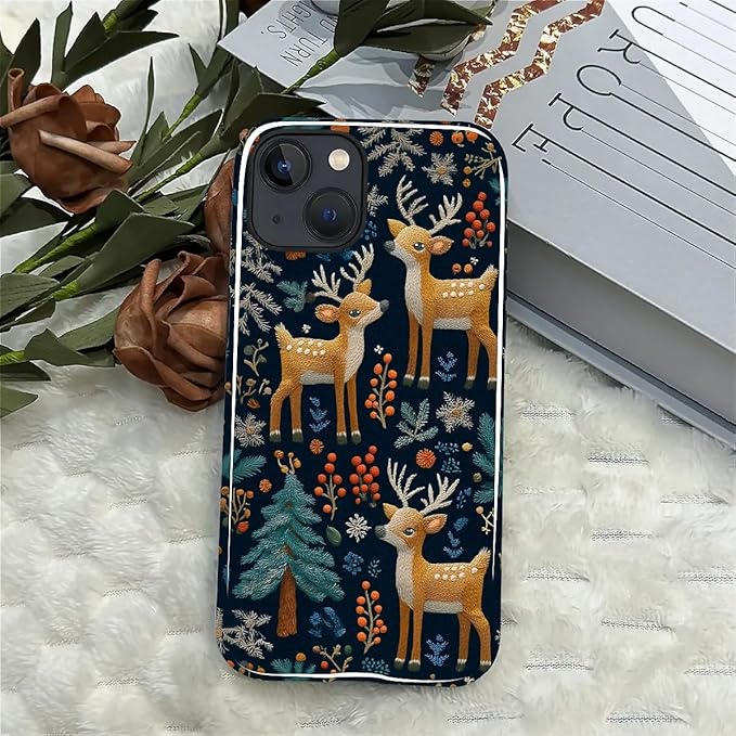 Case for iPhone 13 iPhone 14 Case,Cute Christmas Reindeer Design - Hybrid Dual Protection Silicone + Hard PC Shockproof Full Body Cover Slim Anti-Scratch Protective Case for Men Women