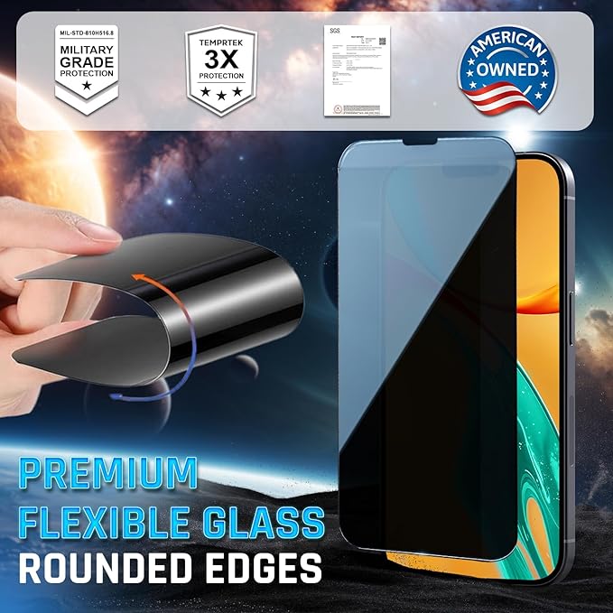 TEMPRTEK+ 2 Pack for iPhone 16 Pro Privacy Screen Protector Privacy 9H Military Grade Scratch Fingerprint Resistance Anti-Glare Shatterproof Tempered Glass Anti-Spy Easy Installation Bubble Free