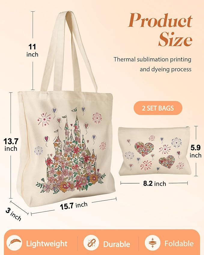2 Pack Canvas Tote Bag - with Makeup Pouch Aesthetic Cute Women Reusable Canvas Bag for Shopping, Work, Travel