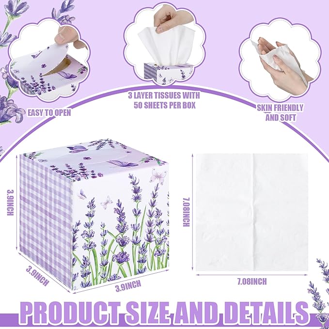 12 Pack Summer Lavender Facial Tissues Cube Boxes 600 Sheets 3 Ply Small Purple Flower Floral Face Tissues Bulk for Summer Car Bedroom Supplies